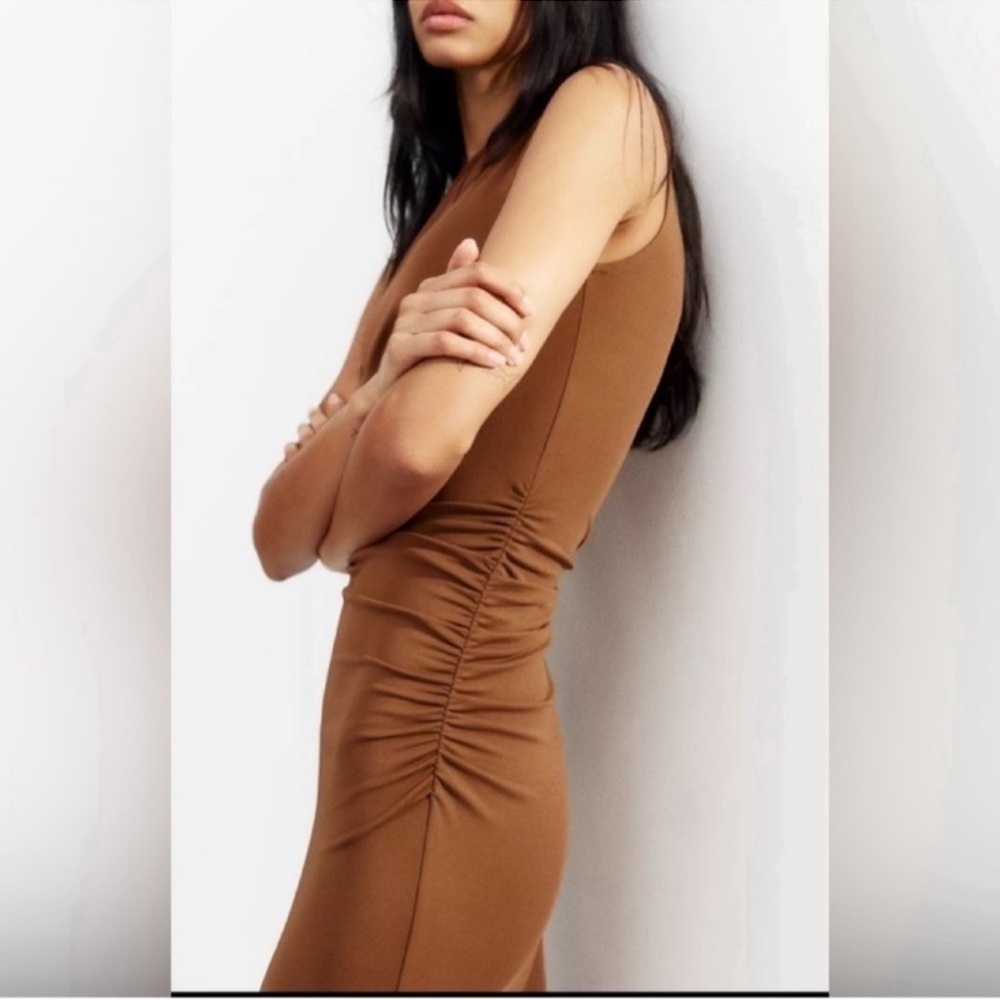 One-Shoulder Brown Maxi Dress with Side Ruching - Picture 13 of 13